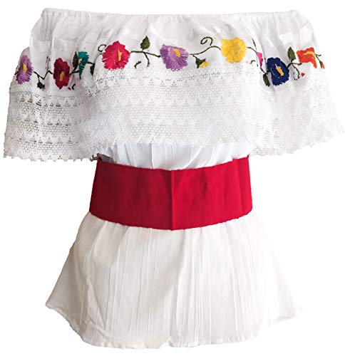 Jacq&Júrgen weiße schulterfreie Bluse, authentische bestickte Rüschen, handgefertigt in Oaxaca mit rotem Taillengürtel - Wei - Einheitsgröße Jacq&Júrgen weiße schulterfreie Bluse, authentische bestickte Rüschen, handgefertigt in Oaxaca mit rotem Taillengürtel - Wei - Einheitsgröße von Jacq & Jürgen