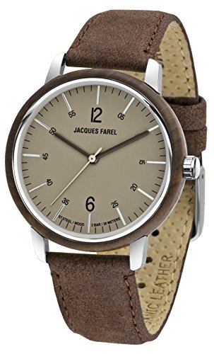 Jacques FAREL Hayfield Nachhaltige Damen Holz-Armbanduhr Walnuss Öko-Leder Terra-Braun Analog Quarz Stahl-Gehäuse 3 Bar ORW 1002 von JACQUES FAREL