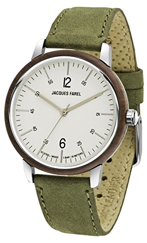 Jacques FAREL Hayfield Nachhaltige Damen Holz-Armbanduhr Walnuss Öko-Leder Wald-Grün Analog Quarz Stahl-Gehäuse 3 Bar ORW 1007 von JACQUES FAREL