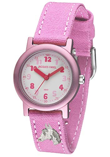 JACQUES FAREL Öko Kinderuhr Mädchen Armbanduhr mit Stoffband aus Bio-Baumwolle Analog Quarz Rosa Pink Pferd ORG 8821 von JACQUES FAREL