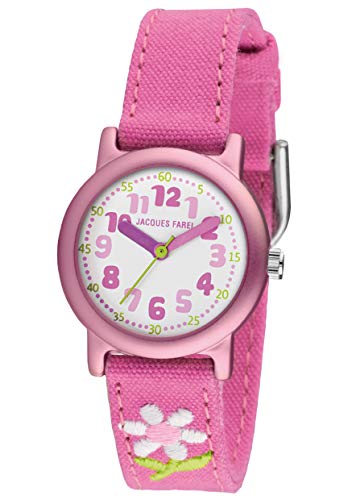 JACQUES FAREL Öko-Kinderuhr Mädchen Armbanduhr mit Stoffband aus Bio-Baumwolle Analog Quarz Blume Rosa Pink ORG 1111 von JACQUES FAREL