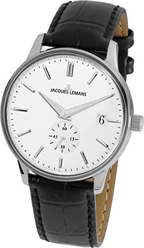 JACQUES LEMANS Damenuhr Heerrenuhr Retro Classic Lederarmband massiv Edelstahl Big Date N-215A von JACQUES LEMANS