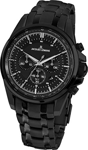 JACQUES LEMANS Herrenuhr Liverpool Metallband massiv Edelstahl ip-Black Chronograph 1-1799ZD von JACQUES LEMANS