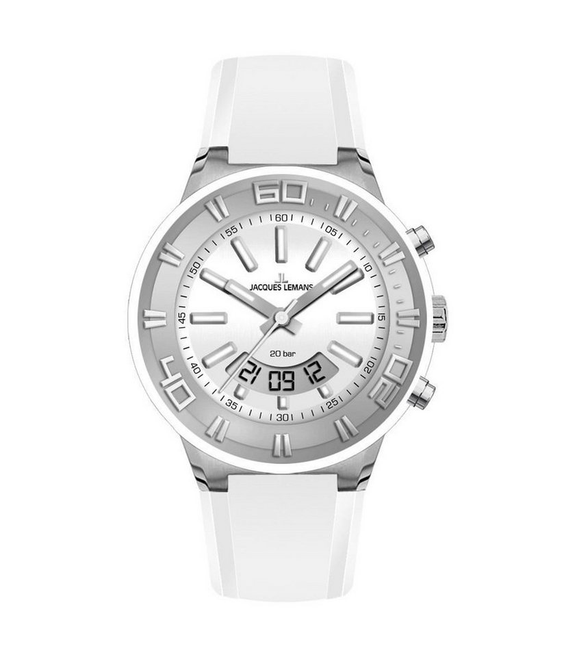 Jacques Lemans Quarzuhr Armbanduhr Edelstahl Analog Digital Silikon Silber Weiß Datum 1-1786B von Jacques Lemans