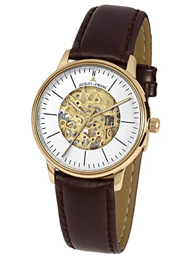 Jacques Lemans Unisex Erwachsene Skeleton Mechanik Uhr mit Leder Armband N-207ZB von JACQUES LEMANS