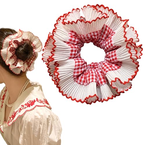 1 Stück übergroße Rüschen-Haargummis in Rot und Weiß, Gingham-Haargummis, elastische Haargummis, Pferdeschwanz-Halter, Haarschmuck für Damen und Mädchen, dickes Haar, Großpackung von Jaczora