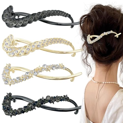 4 x Haarspangen mit Strasssteinen, Kristall-Bananen-Haarspangen, Metall-Haarschmuck für Damen und Mädchen, dickes Haar von Jaczora