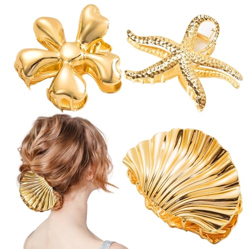 Große Seestern-Muschel-Blumen-Haarklammern, modische Metall-Haarspange, Muschel-Haarspange für Damen und Mädchen, starker Halt, dekoratives Strandhaar-Accessoire, 3 Stück von Jaczora