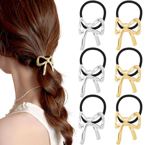 Haargummis mit Schleife, Pferdeschwanz-Halter, Metallschleife, elastische Haargummis, Haarbänder, dekoratives Haar-Accessoire für Frauen und Mädchen, 6 Stück von Jaczora