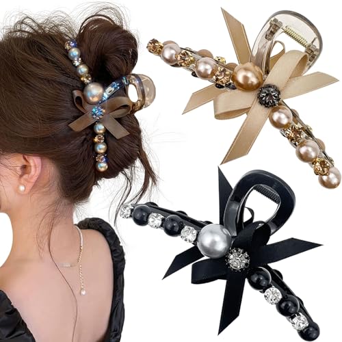 Perlen-Haarspangen für Damen und Mädchen, große Schleife, rutschfeste Hai-Haarspangen für dickes/dünnes Haar, Haar-Accessoires, 2 Stück von Jaczora