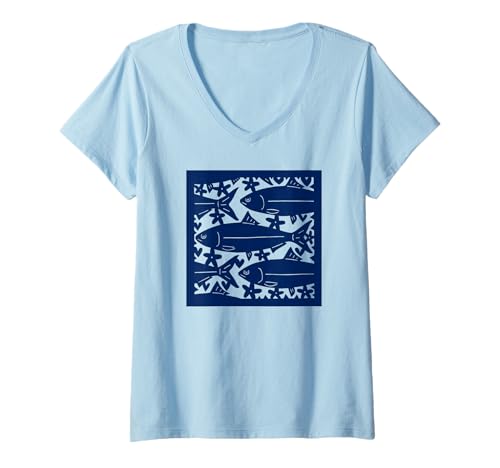 Damen Papierschnitt School of Fish von Jad Fair T-Shirt mit V-Ausschnitt Damen Papierschnitt School of Fish von Jad Fair T-Shirt mit V-Ausschnitt von Jad Fair