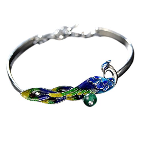 JadeAngel 925 Sterling Silber Armreif Armband mit farbigen Emaille Pfau Charme von JadeAngel