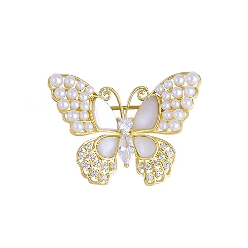 JadeAngel Kleine Schmetterling Brosche Pins für Frauen Mode Perlmutt Schmetterling Pin mit Nachahmung Perle, Messing, Zirkonia von JadeAngel