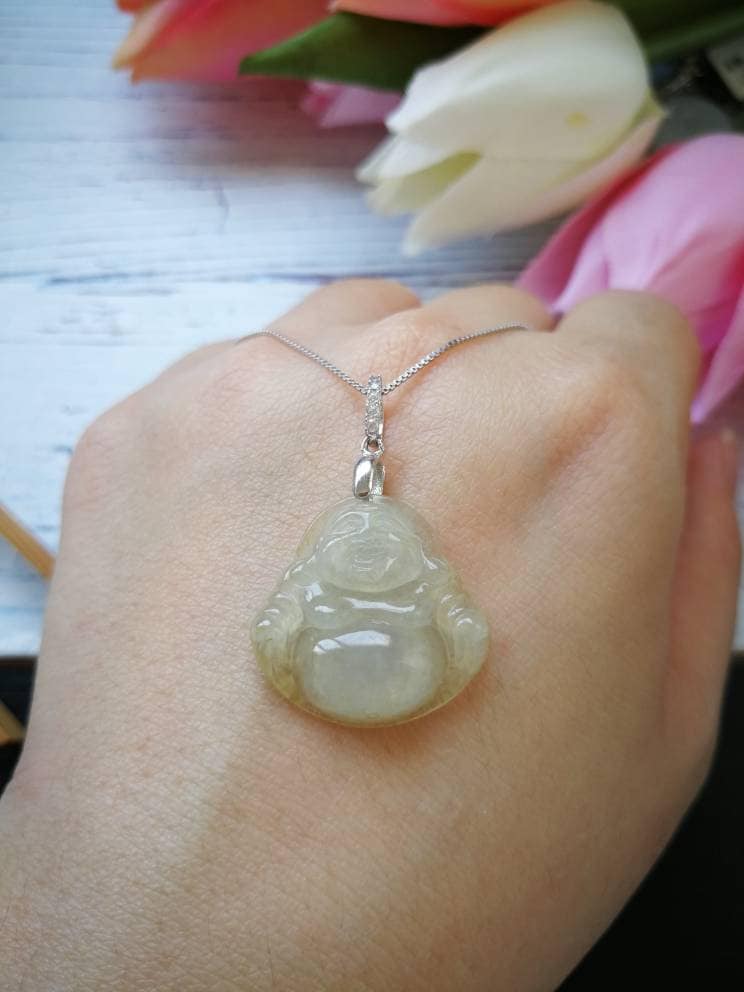 Eislicht Gelb Typ A Grad Natürliche Jadeit Jade Fei Cui Buddha in 925 Sterling Silber Kette Set von JadeRabbitGems