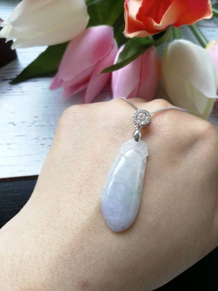 Icy Translucent Type A Grade Natural Jadeite Jade Fei Cui Melon Anhänger in 925 Sterling Silber Weiß Vergoldet Kette Set von JadeRabbitGems