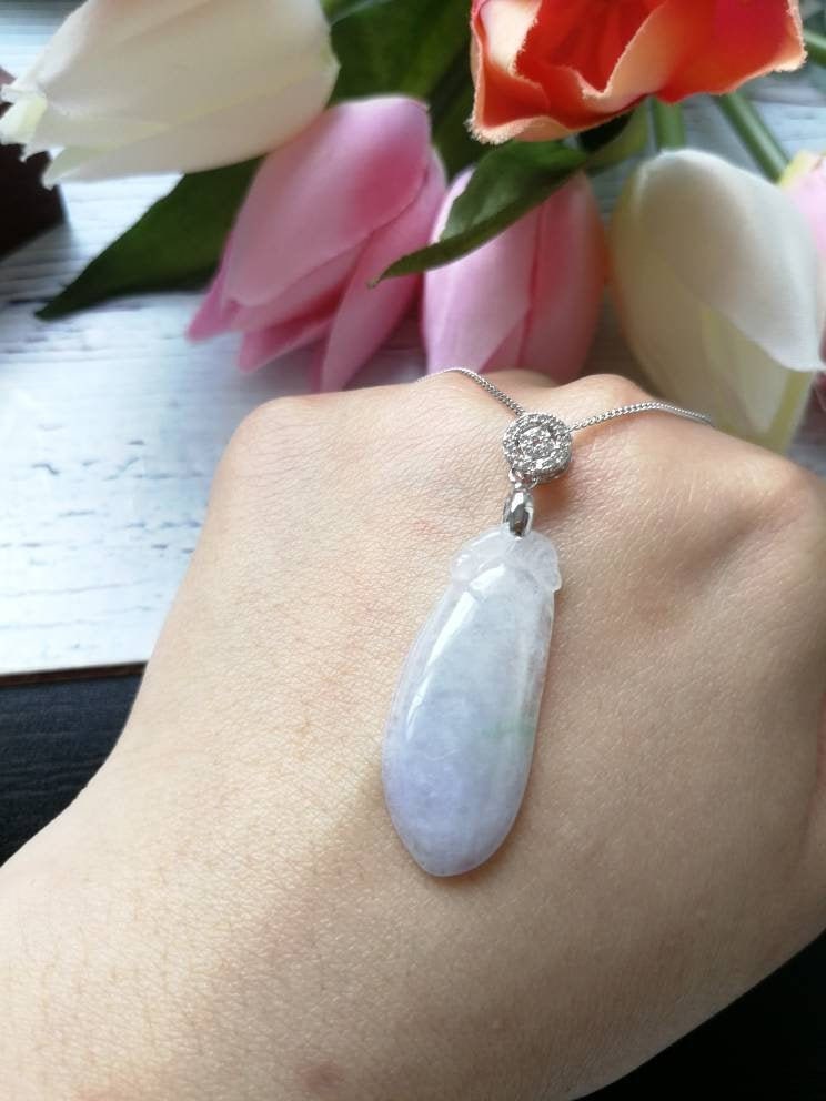 Icy Translucent Type A Grade Natural Jadeite Jade Fei Cui Melon Anhänger in 925 Sterling Silber Weiß Vergoldet Kette Set von JadeRabbitGems