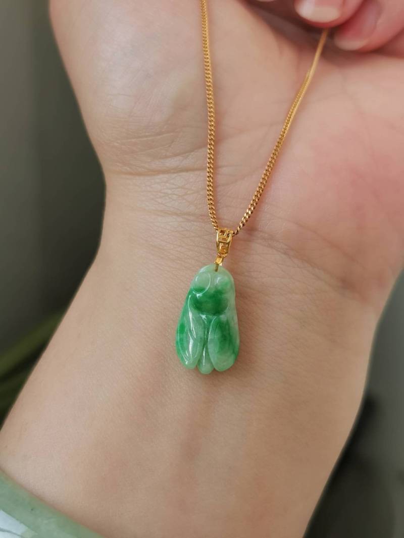 Imperial Green Vein Typ A Klasse Natürliche Jadeit Jade Fei Cui Mini 3D Zikade Anhänger in 18K Gelbgold Hail von JadeRabbitGems