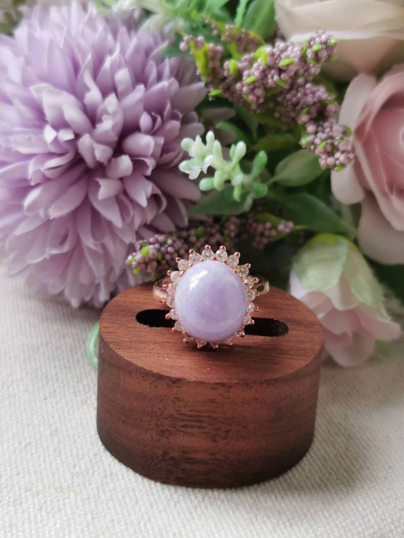 Lavendel Typ A Klasse Natürliche Jadeit Jade Fei Cui 925 Sterling Silber Rose Vergoldet Mit Zirkonia Ring von JadeRabbitGems