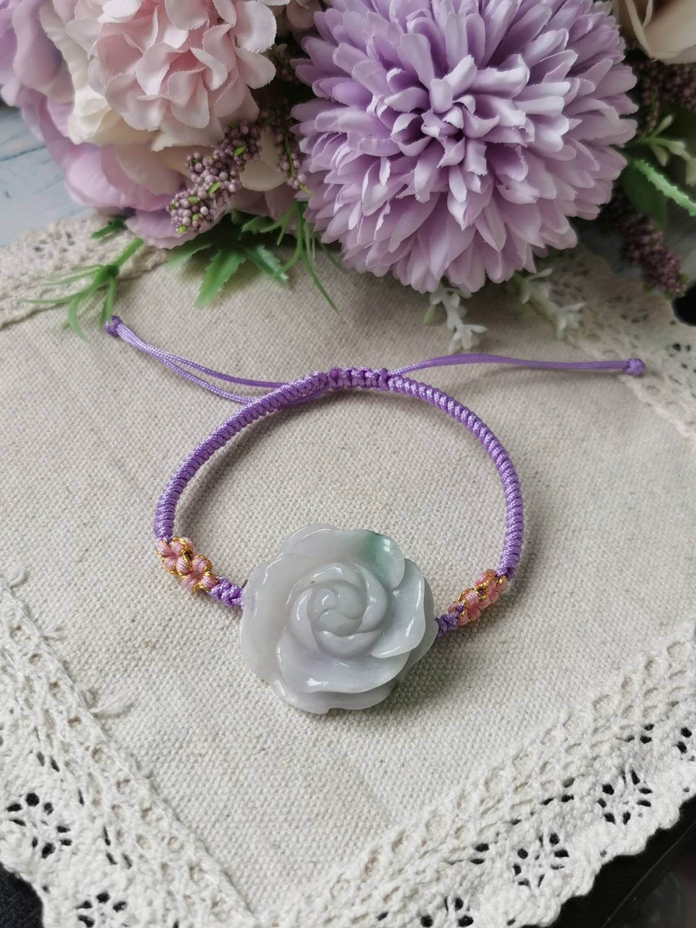 Leichter Lavendel Und Bläuliches Grün Typ A Grade Natürliche Jadeit Jade Fei Cui 3D Blume in Lila Verstellbares Schnurarmband von JadeRabbitGems