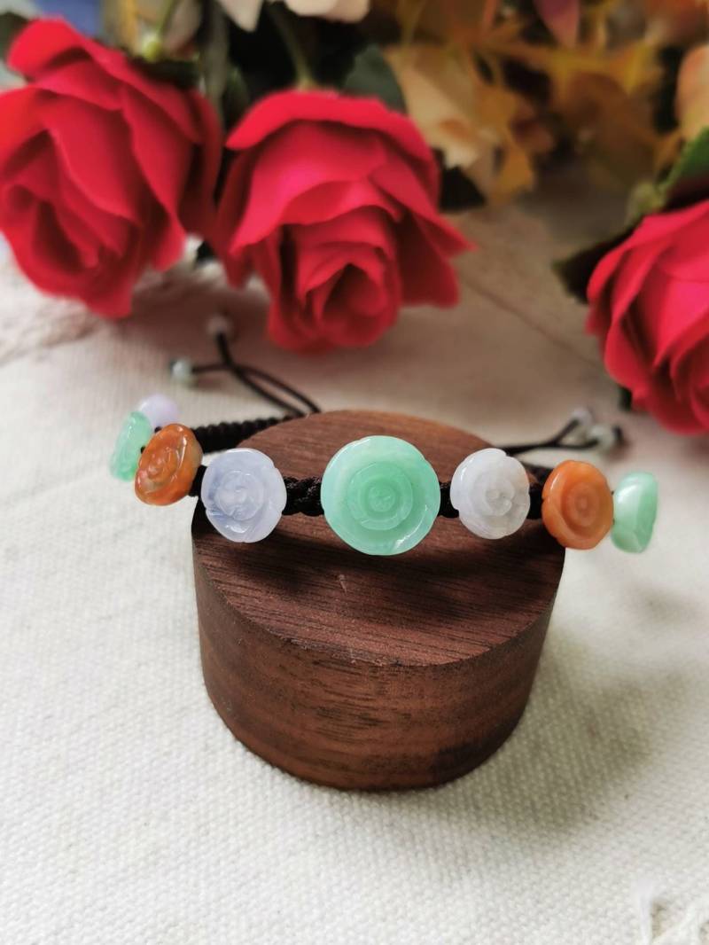 Multi Color Typ A Stufe Natürliche Jadeit Jade Fei Cui Blume Dunkelbraun Verstellbares Armband von JadeRabbitGems