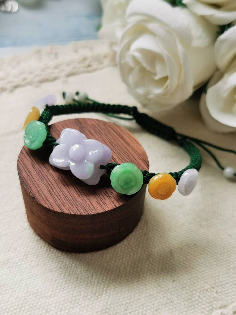 Mehrfarbiges, Verstellbares Armband Aus Natürlichem Jadeit, Fei Cui-Blume, Typ A, Güteklasse Dunkelgrün von JadeRabbitGems