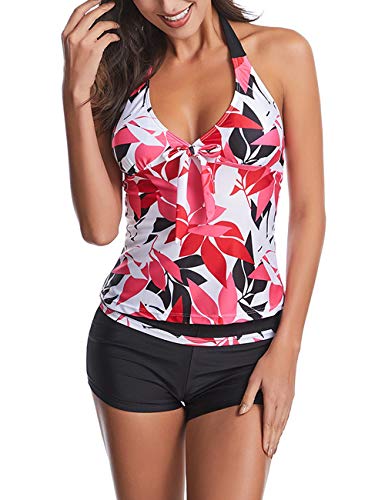 Damen Tankini-Set mit Blumenmuster, zweiteilig, Bademode, mit Shorts, rot, S von JadeRich