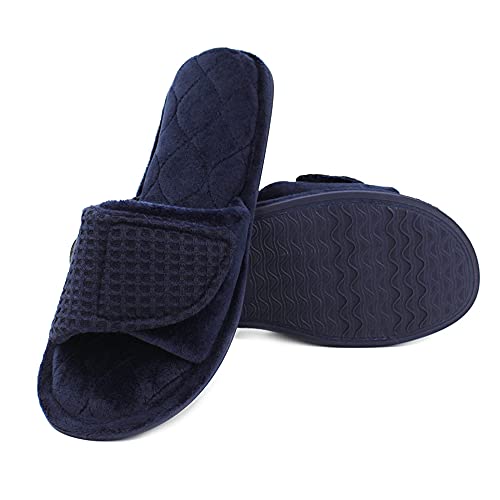 Damen Verstellbarer Klettverschluss Baumwolle Fleece Open Toe Hausschuhe Memory rutschfeste Home Schuhe, navy, 40/41 EU von JadeRich