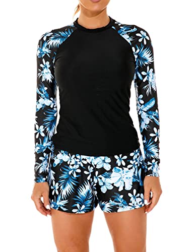 Zweiteiliger Damen-Badeanzug mit Rashguard-Motiv, langärmelig, UV-Schutzfaktor 50+, Badebekleidung mit kurzem Unterteil, schwarz / blau, M von JadeRich