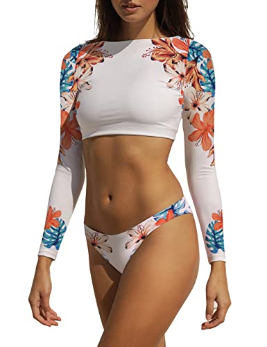 JadeRich Damen-Bikini, langärmelig, bauchfrei, zweiteilig, frech, hoch geschnitten, Tanga, Badeanzug, Blumenmuster, Rashguard, Orange/Abendrot im Zickzackmuster (Sunset Chevron), S von JadeRich