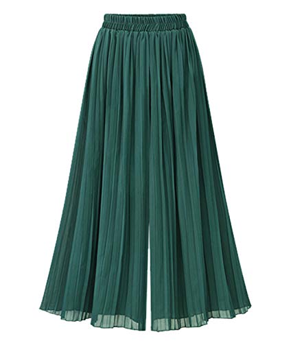 JadeRich Damen-Palazzo-Hose, elegant, plissiert, wadenlang, weites Bein, elastische Taille, Chiffon, lockere Boho-Hose, dunkelgrün, L von JadeRich