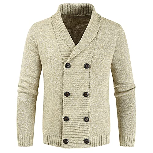JadeRich Herren-Strickjacke mit doppelreihigem Schalkragen, lässiger Button-Down-Pullover, beige, X-Large von JadeRich