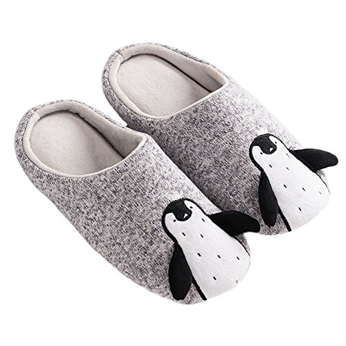 JadeRich Unisex Niedlich Pinguin Tier Home Schuhe Gemütlich Fleece Warm Flauschig Indoor Hausschuhe, Graue, offene Rückseite, 40/41 EU von JadeRich