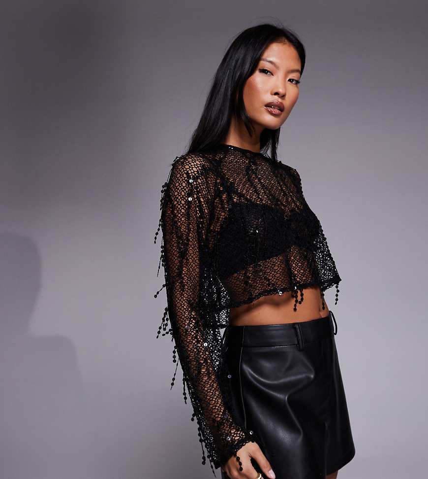 Jaded Rose Petite - Cropped-Strickoberteil in Schwarz mit Paillettenverzierung und Fransen von Jaded Rose Petite
