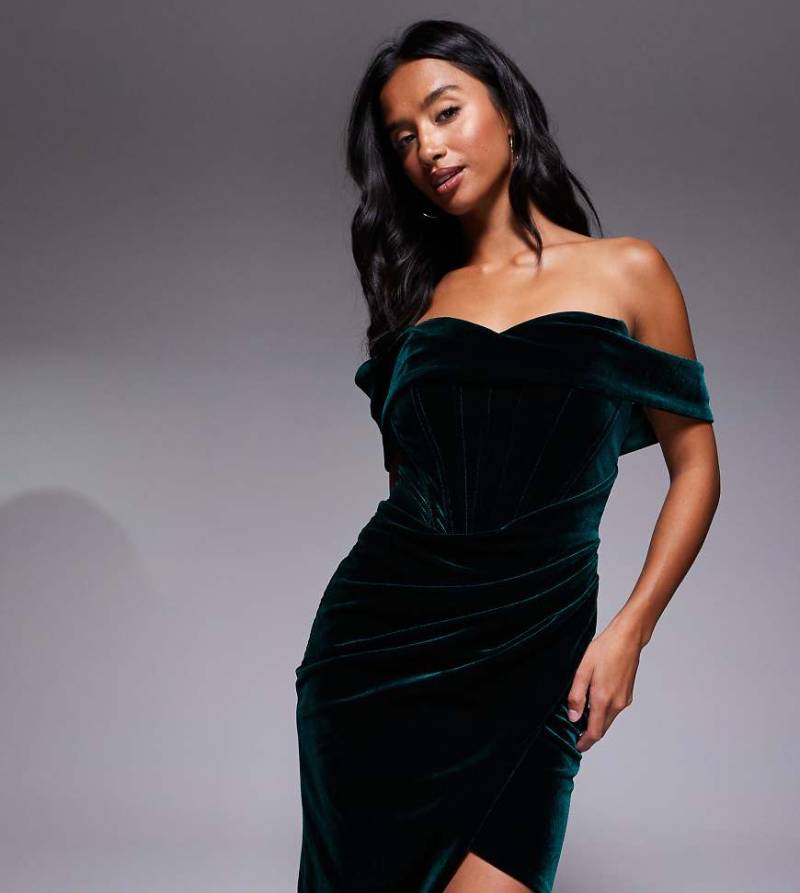 Jaded Rose Petite - Minikleid aus Samt in Smaragdgrün mit herzförmigem Carmen-Ausschnitt und Korsett-Details von Jaded Rose Petite