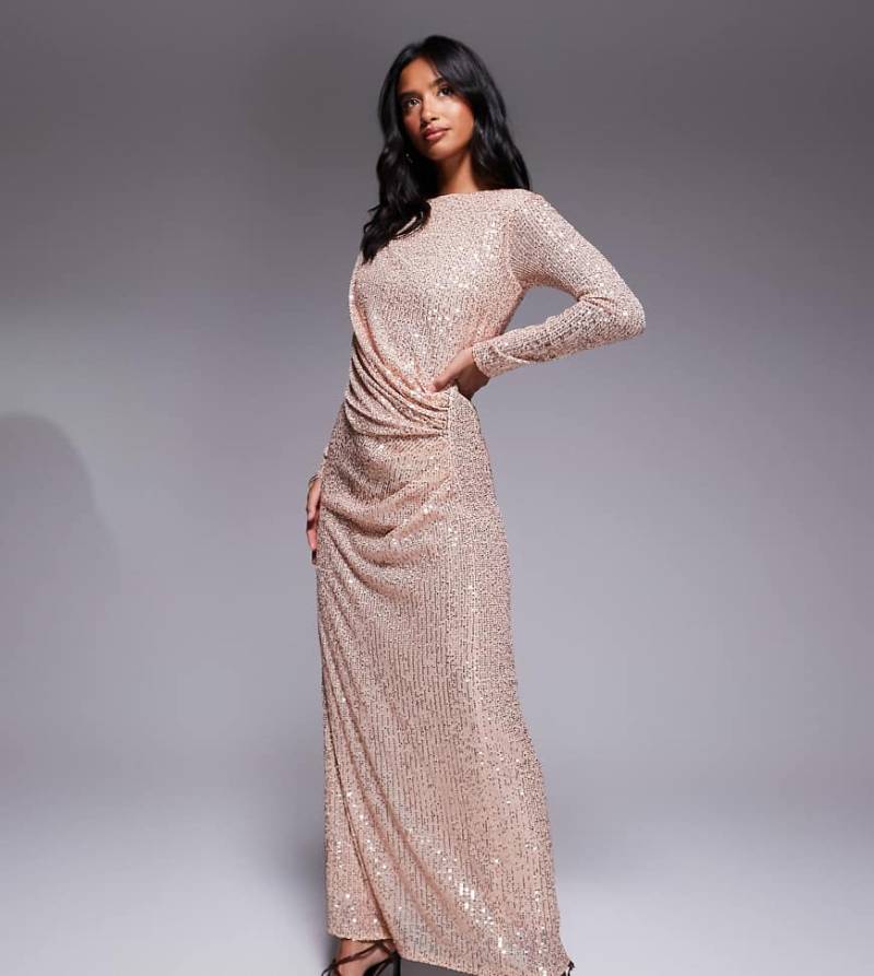Jaded Rose Petite - Modest - Gerafftes Maxikleid in Gold mit Pailletten-Goldfarben von Jaded Rose Petite