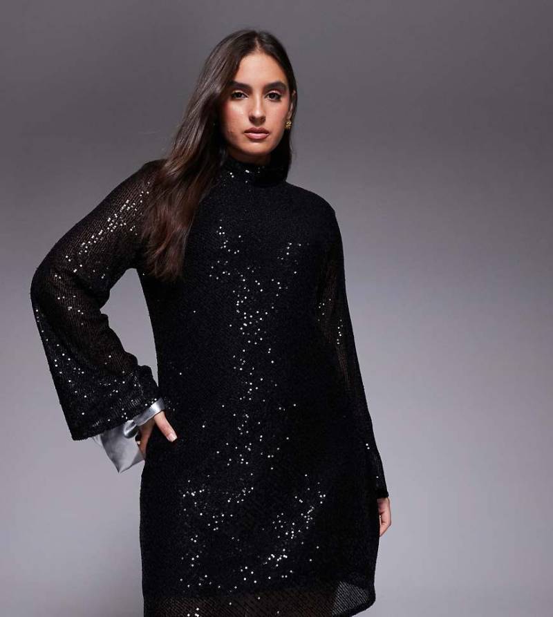 Jaded Rose Plus - Hochgeschlossenes Pailletten-Minikleid in Schwarz mit Wasserfall-Rückenausschnitt von Jaded Rose Plus