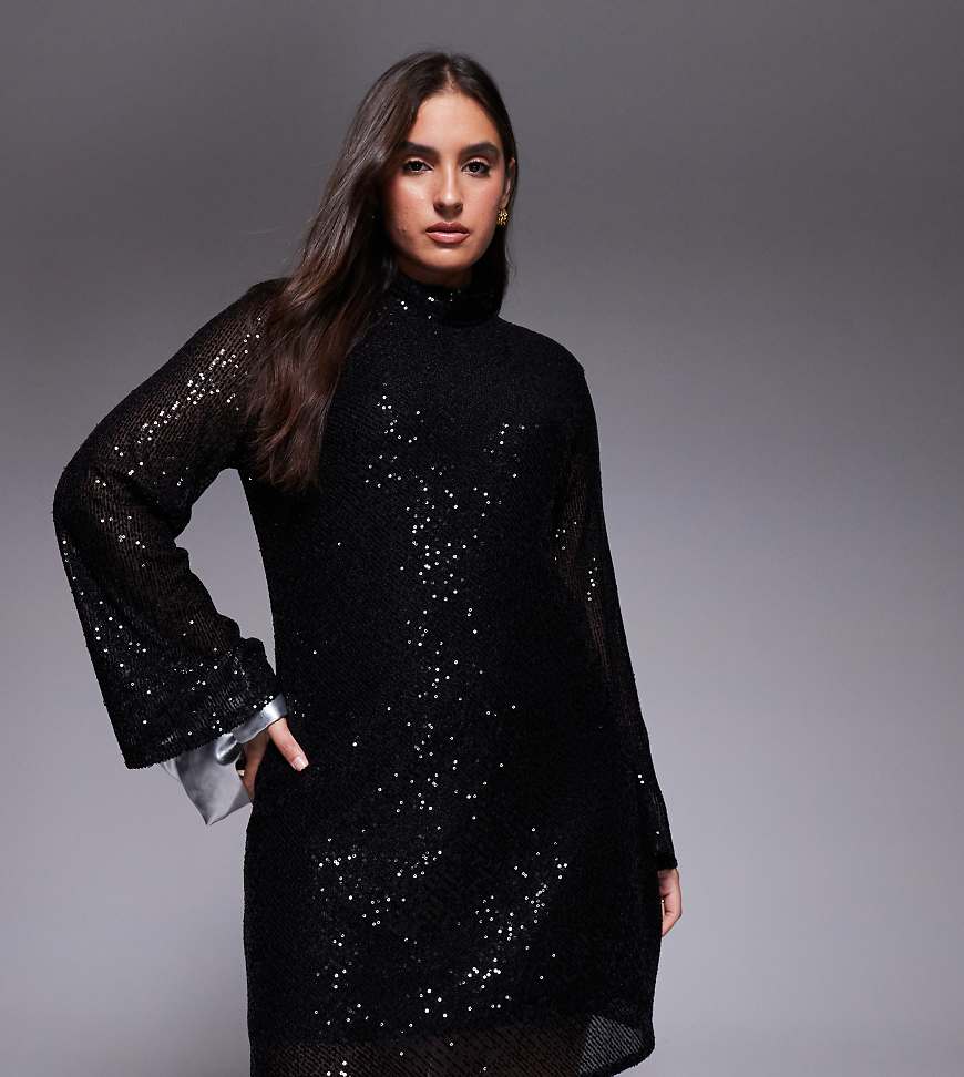 Jaded Rose Plus - Hochgeschlossenes Pailletten-Minikleid in Schwarz mit Wasserfall-Rückenausschnitt von Jaded Rose Plus