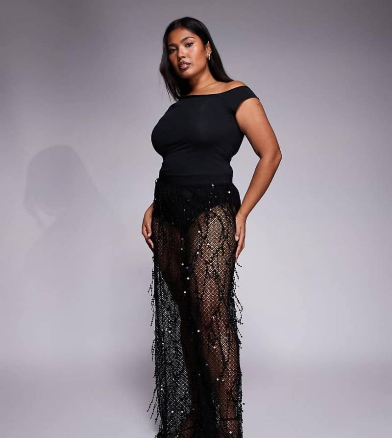 Jaded Rose Plus - Transparente Hose in Schwarz mit eingenähtem Slip und Pailletten-Fransen von Jaded Rose Plus