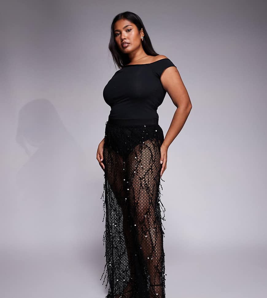 Jaded Rose Plus - Transparente Hose in Schwarz mit eingenähtem Slip und Pailletten-Fransen von Jaded Rose Plus