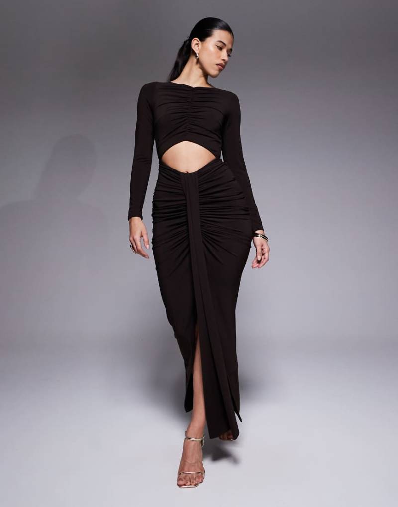 Jaded Rose - Figurbetontes Jersey-Maxikleid in Schokobraun mit Cut-out und Raffungen-Brown von Jaded Rose