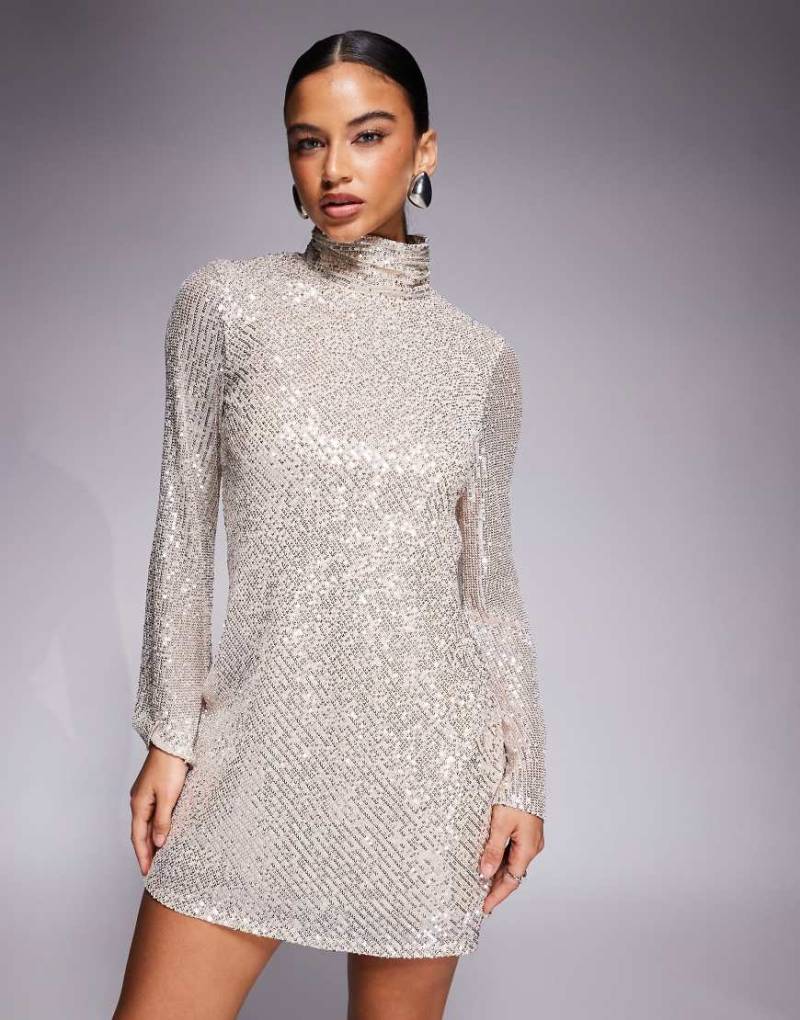 Jaded Rose - Hochgeschlossenes Minikleid in Silber mit Paillettenbesatz und Wasserfall-Rückenausschnitt von Jaded Rose