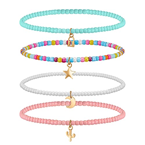 Jadive 4 Stück Sommer Boho Geschichtet Wulstige Fußkettchen Elastische Bunte Perlen Armband Kette Ästhetische Bohemian Fußketten für Frauen Damen Mädchen Strand Schmuck von Jadive