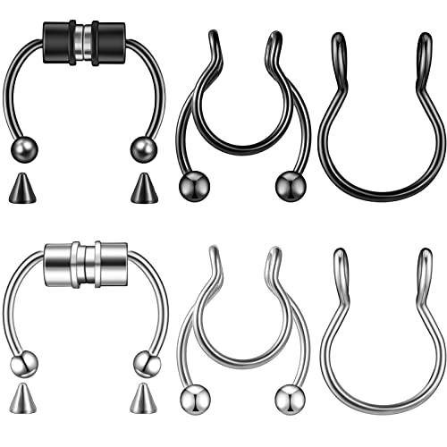 Jadive 6 Stücke Gefälschte Nasenringe Magnetische Nasenringe Edelstahl Septum Nasenring Offene Nase Reifen Ringe Nicht Piercing Clip On Nase Schmuck für Damen Herren (Stahlfarbe, Schwarz) von Jadive