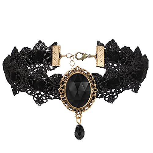 Jadive Schwarz Choker Gothic Spitze Halsband Halskette Strass Tattoo Kragen Punk Spitze Choker Vampir Halsband mit Träne Anhänger für Damen Cosplay Party von Jadive