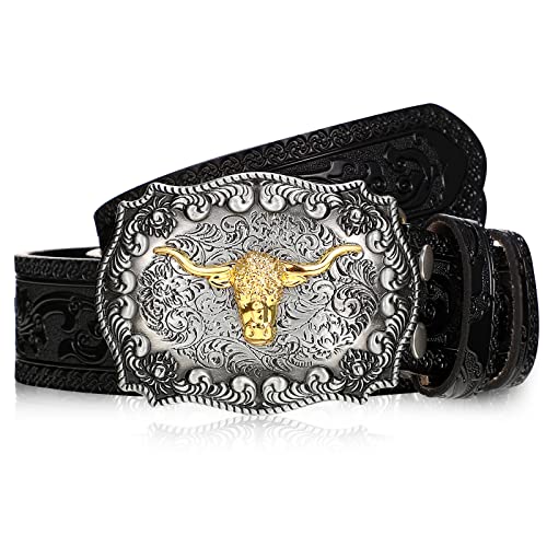 Jadive Herren Gürtel Western Leder Schnallen Gürtel Cowboy Longhorn Schnalle Blumen Gravur Schnallen Gürtel (Schwarz, 49 Zoll) von Jadive