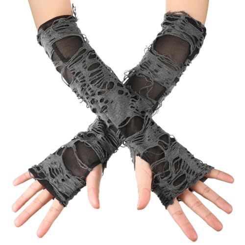 Jadive 1 Paar Stulpen Arme Goth Damen Punk Strickhandschuhe Spinnennetz Rockige Handschuhe Damen Zerrissene Armstulpen Handschuhe mit Löchern Zerrissene Skelett Armstulpen für Karneval Thema Party von Jadive