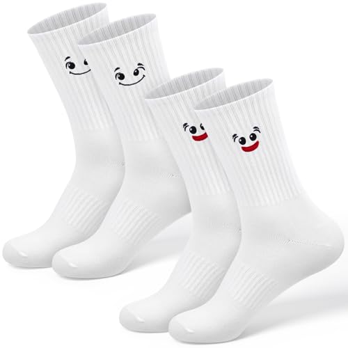 Jadive 2 Paar Lustige Socken Smilie Tennissocken Damen & Herren Stickerei Fun-Socken Crew Socks Geschenke mit Smile-Motiv 36-43 von Jadive