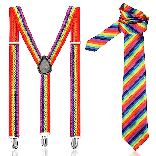 Jadive 2 Stück Regenbogen Accessoires Set Krawatte mit Regenbogen Streifen und Elastische Y Hosenträger für Herren LGBTQ Zubehör Set CSD Gay Pride Accessoires 1920er Kostüm für Männer Frauen Karneval von Jadive