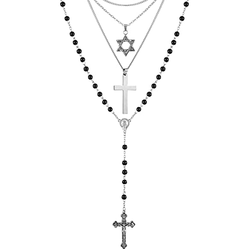 Jadive 3 Stück 80er Vintage Halskette Set inklusive Kreuzkette Davidstern Anhänger Halskette Schwarz Rosenkranz Kette aus Glas Modeschmuck für 80er Kostüm Set Damen Herren von Jadive