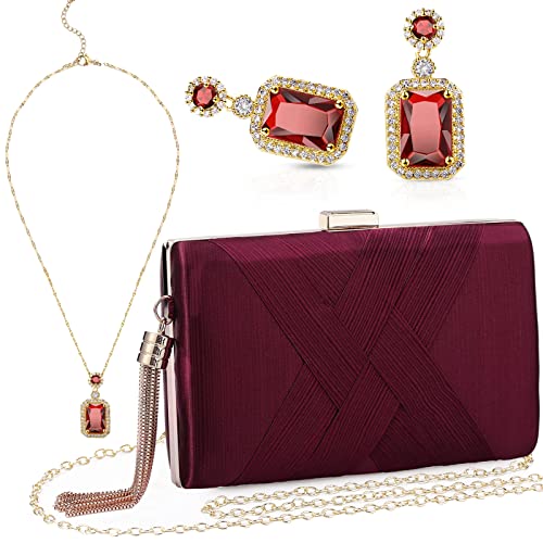 Jadive 3 Stück Clutch Geldbörse Set für Damen Handtasche Abendtasche für Hochzeit Vintage Bankett Handtasche Ohrringe Halskette Schmuck Set (Kastanienbraun) von Jadive